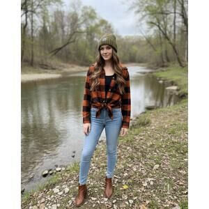 Orange & Black Buffalo Plaid Flannel Shacket‎ with Side Pockets